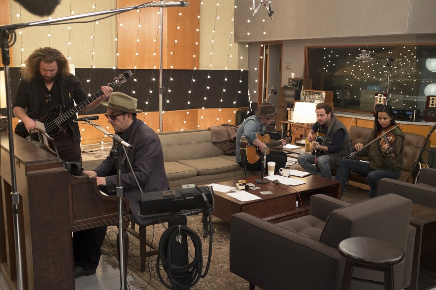 Jim James, Elvis Costello, Marcus Mumford,  Taylor Goldsmith, Rhiannon Giddens in LOST SONGS: THE BASEMENT TAPES CONTINUED. Photo - Merrick Morton/Courtesy of SHOWTIME