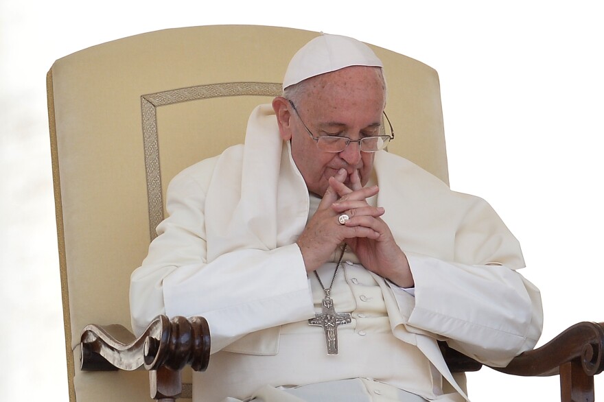 Pope Francis is pictured during his weekly general audience at St Peter's square on June 17, 2015 at the Vatican.  AFP PHOTO / ALBERTO PIZZOLI        (Photo credit should read ALBERTO PIZZOLI/AFP/Getty Images)