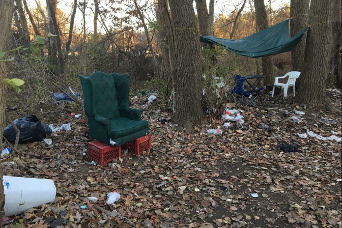 Homeless veterans and other homless people live in this encampment near the Saratoga Springs, New York train station. 