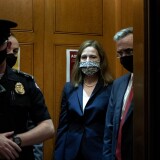 WASHINGTON, DC - OCTOBER 21: Supreme Court nominee Judge Amy Coney Barrett departs the U.S. Capitol on October 21, 2020 in Washington, DC. President Donald Trump nominated Barrett to replace Justice Ruth Bader Ginsburg after Ginsburg's death. (Photo by Stefani Reynolds/Getty Images)