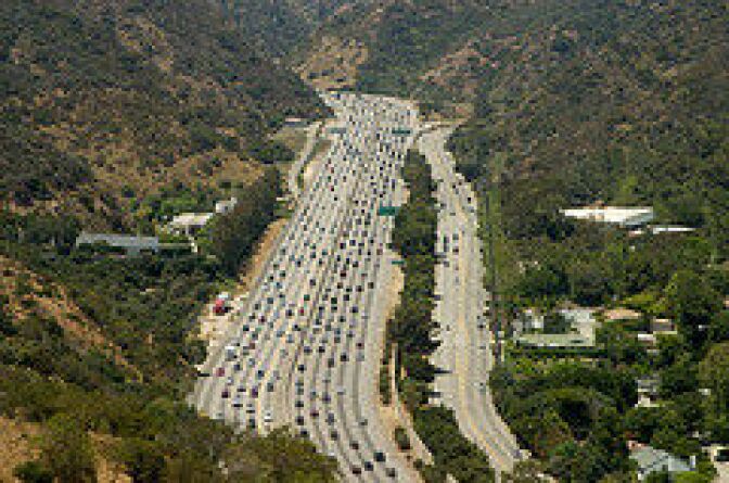 Cars snake through the Sepulveda Pass near the Getty Center on I-405. The stretch is one of the most congested in the country.