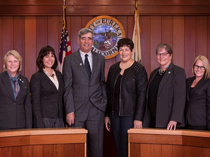 Eureka Mayor Frank Jager and the five women on the city council from left: Melinda Ciarabellini, Natalie Arroyo, Marian Brady, Linda Atkins, and Kim Bergel.