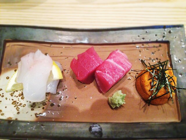 August 20, 2014: Kasago (scorpion fish), Boston blue fin toro, Murasaki uni - Sushi Tsujita, West L.A.