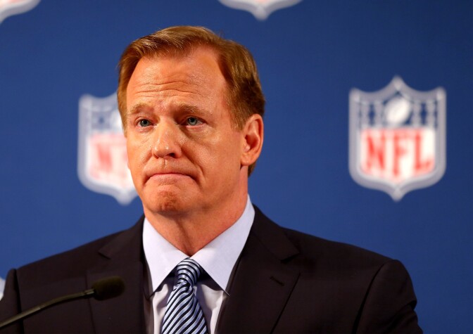 NFL Commissioner Roger Goodell talks during a press conference at the Hilton Hotel on Sept. 19, 2014 in New York City. Goodell spoke about the NFL's failure to address domestic violence, sexual assault and drug abuse in the league.