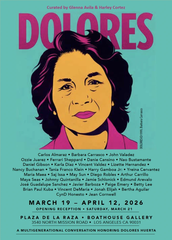 A poster on a blue-green background reading "Dolores" in purple, depicting a woman with medium skin tone. 
