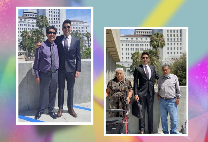 The author poses with his son David, in downtown L.A. on June 10, 2022, the day of his son’s swearing-in ceremony. The author’s son David is also photographed with his grandparents Guadalupe and Rafael after the ceremony.