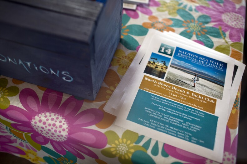 A flyer advertises a celebration on the final day of Randy Brown's six-day walk around the Salton Sea. Brown starts and ends his trip at the North Shore Beach and Yacht Club in North Shore, Calif.