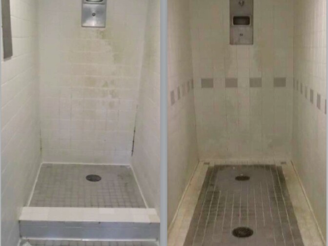 Moldy, mildewed shower stalls observed by investigators for the Office of the Inspector General of the Department of Homeland Security on Nov. 16, 2016.