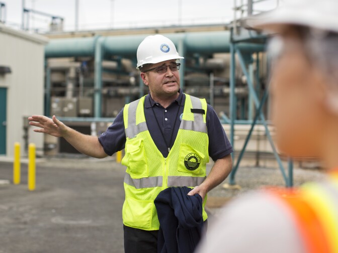 Don Zylstra, senior water resources engineer for the West Basin Municipal Water District, leads a tour at the Edward C. Little Water Recycling Facility in El Segundo on Thursday, Nov. 13, 2014.