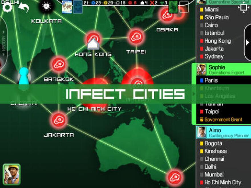 Screenshot of the digital board game "Pandemic" for the iPhone and iPad. 