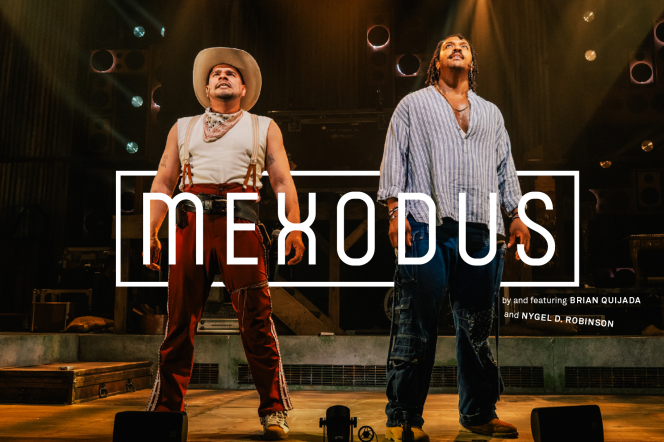 A medium-light-skinned man on the left wears a cowboy hat, white sleeveless shirt and suspenders, and a medium-dark-skinned man on the right wears a blue and white striped shirt. They're both on a stage, looking up. 