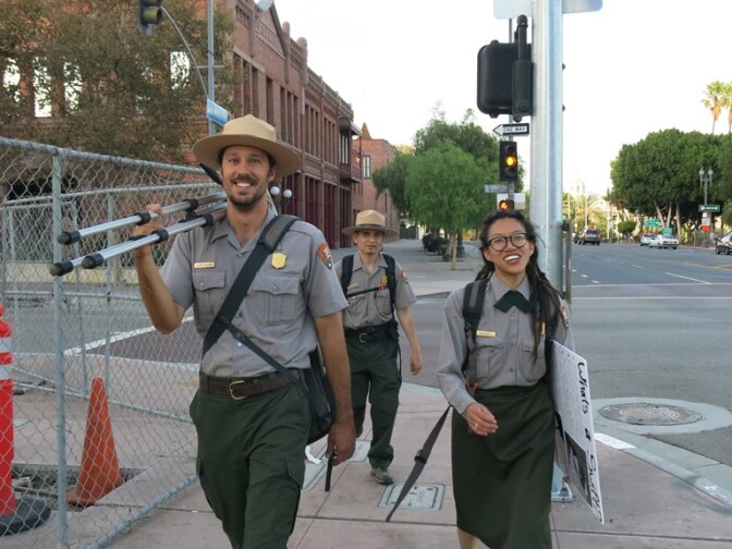 
		National Park Service rangers on their way to a pop-up birding event at Spring Street Park in downtown Los Angeles last fall.			