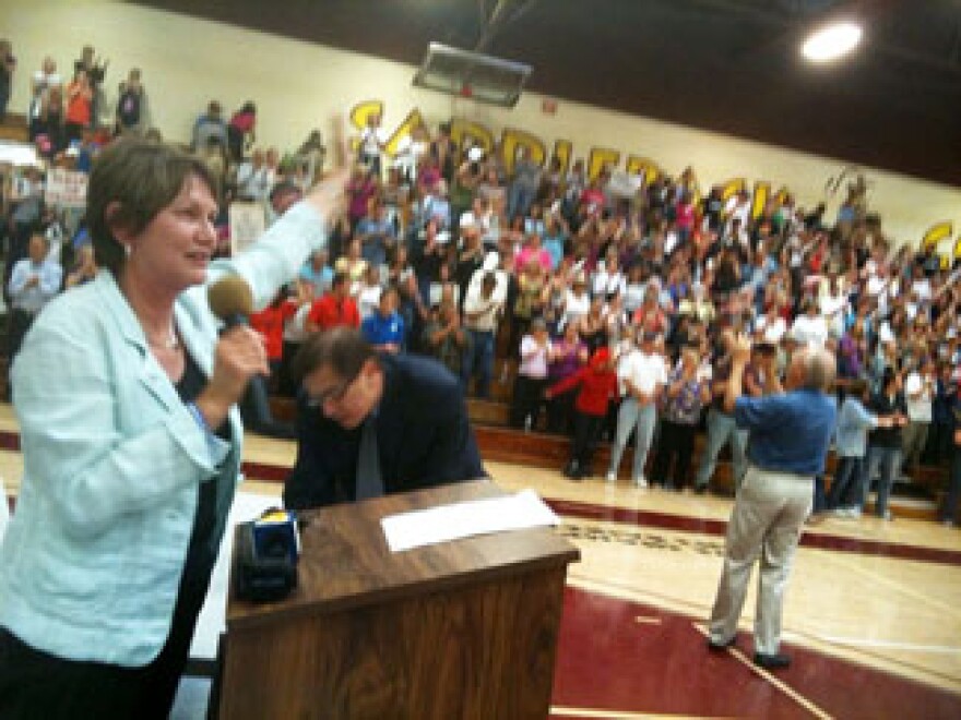 Capistrano Unified teachers' union president Vicki Soderberg speaks at a pro-teachers rally on Monday, April 26, 2010.