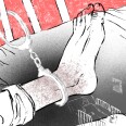 An illustration mostly in black and white shows a person's foot handcuffed to bed rails, with a red background behind the rails.
