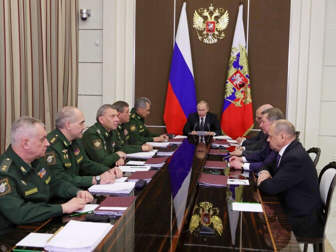 Russian President Vladimir Putin chairs a meeting of top executives of the Defense Ministry and military-industrial complex in the Black Sea resort of Sochi, Russia, Friday, May 19, 2017.