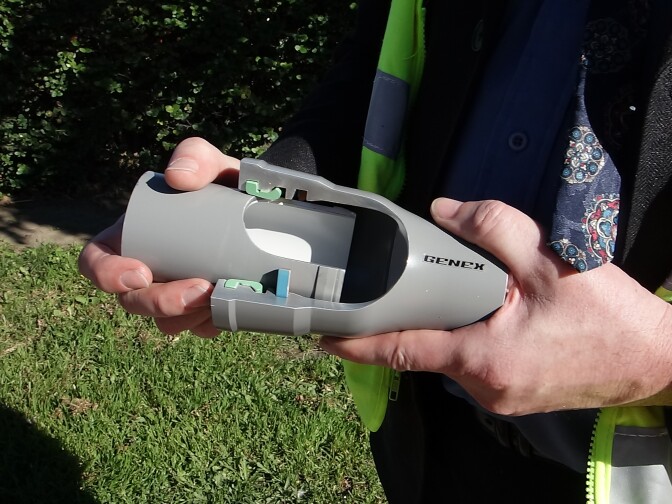 A working model of earthquake-resistant pipe has a cutaway section to show how the green gasket prevents leaks, while the blue locking ring keeps the pipes from pulling apart under stress or earth movement. The flared portion of the pipe is twice as long as normal pipe, giving the ends room to move but not break during an earthquake.