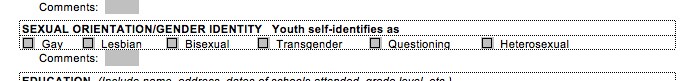 DCFS form 709 is a needs assessment for every foster child, and it includes a line to indicate whether a child identifies as LGBT.