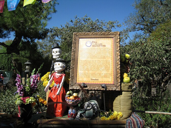 Part of Disneyland's Day of the Dead decor, October 2008. Disney Enterprises, Inc. has filed several trademark applications for the phrase "Dia de Los Muertos."