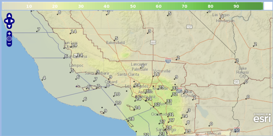 A screenshot of a map showing Southern California and the coast. Numbers are atop every region ranging from 0 to 33.