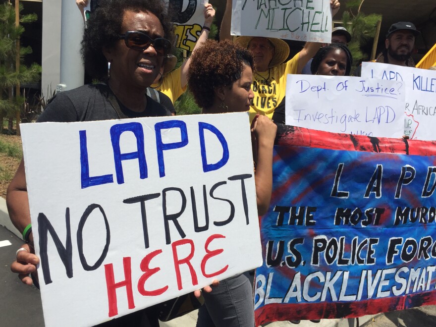 Black Lives Matter activists protest U.S. Attorney General Loretta Lynch at Facebook in Playa Vista on June 30, 2016. They were angry Lynch praised the LAPD's reform efforts.