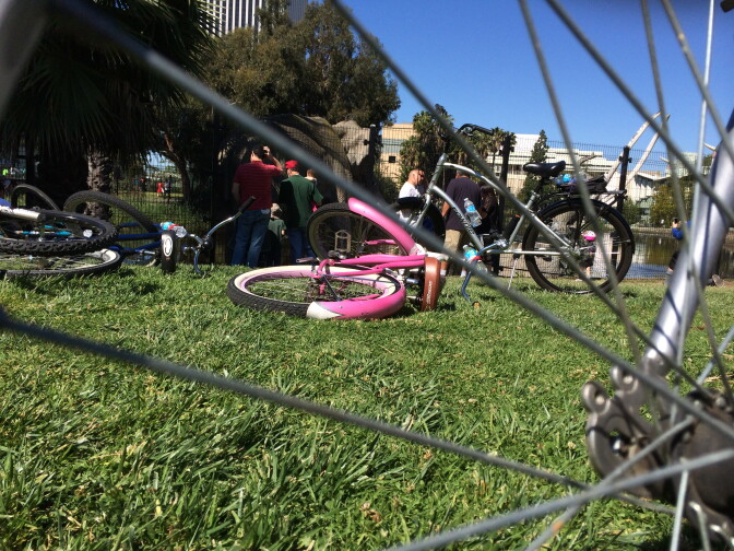 Bicyclists visit the La Brea Tar Pits, a stop along the CicLAvia route that closed a six-mile stretch of Wilshire Boulevard to car traffic on Sunday. 
