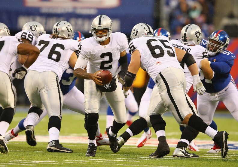 Terrelle Pryor #2 of the Oakland Raiders in action against the New York Giants during their game at MetLife Stadium on November 10, 2013 in East Rutherford, New Jersey.  