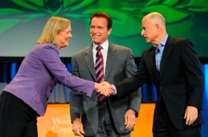 California Gov. Arnold Schwarzenegger joins California Republican gubernatorial candidate and former eBay CEO Meg Whitman and California Attorney General and Democratic gubernatorial candidate Jerry Brown during a discussion moderated by 'Today' show host Matt Lauer during the Women's Conference 2010 on October 26, 2010 at the Long Beach Convention Center in Long Beach, California.