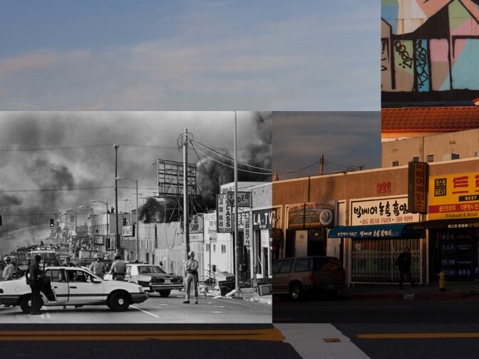 Police quell looters and fires near 924 S Vermont Ave in Koreatown on April 29th, 1992. Few Koreans received help from the city in rebuilding their stores after the riots.