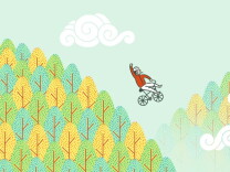 An illustration of a person flying through the air and over treetops while riding a bike. One arm is raised in celebration. 