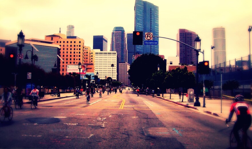 Bicyclists riding near Downtown Los Angeles as part of CicLAvia