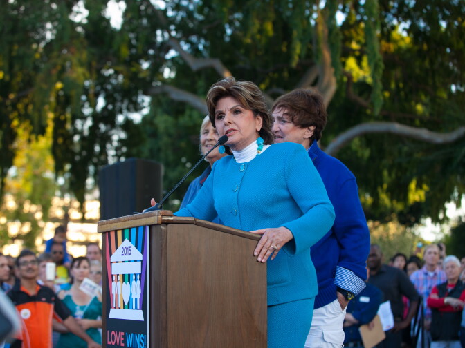 Gloria Allred speaks at the Decision Day Rally in West Hollywood Park to celebrate the U.S Supreme Court decision on marriage equality on Friday, June 26, 2015.