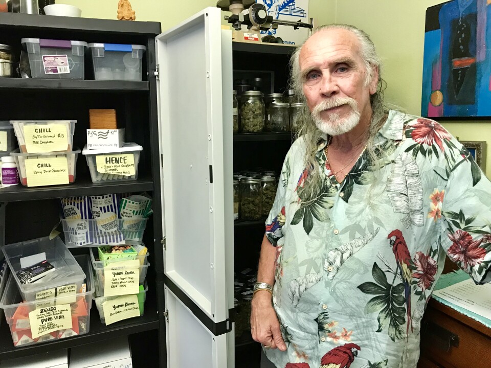 Lonnie Painter, founder and director of the Laguna Woods Medical Cannabis Collective, at his home in Laguna Woods, April 11, 2018. 
