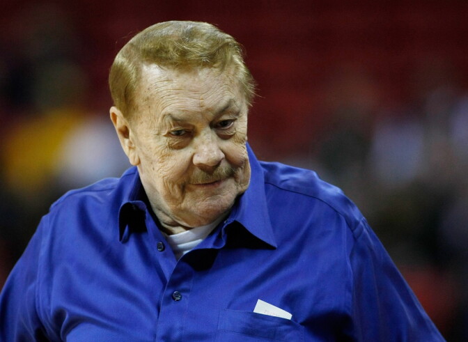 Los Angeles Lakers owner Jerry Buss appears before his team's preseason game against the Sacramento Kings at the Thomas & Mack Center Oct. 12, 2008 in Las Vegas, Nevada.