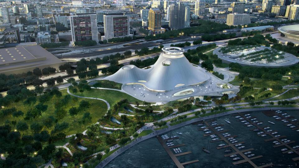 An artist rendering of the proposed Chicago location of the Lucas Museum of Narrative Art.