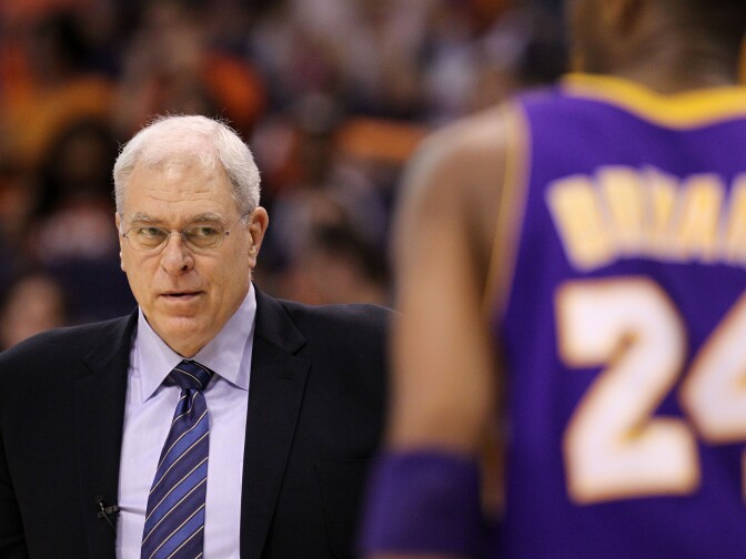 Head coach Phil Jackson of the Los Angeles Lakers looks on in the first quarter of Game Four of the Western Conference Finals against the Phoenix Suns during the 2010 NBA Playoffs at US Airways Center on May 25, 2010 in Phoenix, Arizona. 