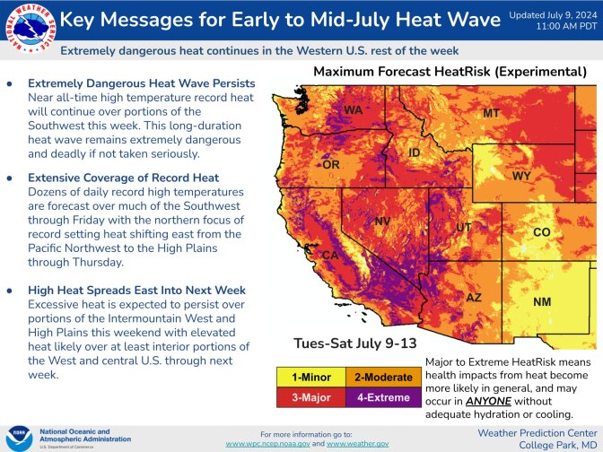 A graphic shows extreme high temperatures in much of the Western US