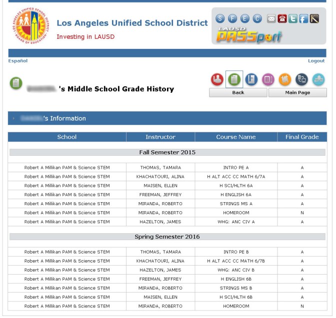 A screenshot shows the page in PASSport, the parent portal L.A. Unified is 'soft-launching' this year, where parents can view students' semester grades. The website gives parents access to students' attendance, suspension and immunization records as well as information about high schoolers' progress toward graduation and English learners' progress toward proficiency.