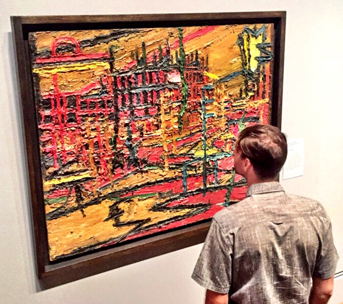 "Mornington Crescent with the Statue of Sickert’s Father-in-Law," 1966, by Frank Auerbach at the Getty Museum's new London Calling exhibit, but ...