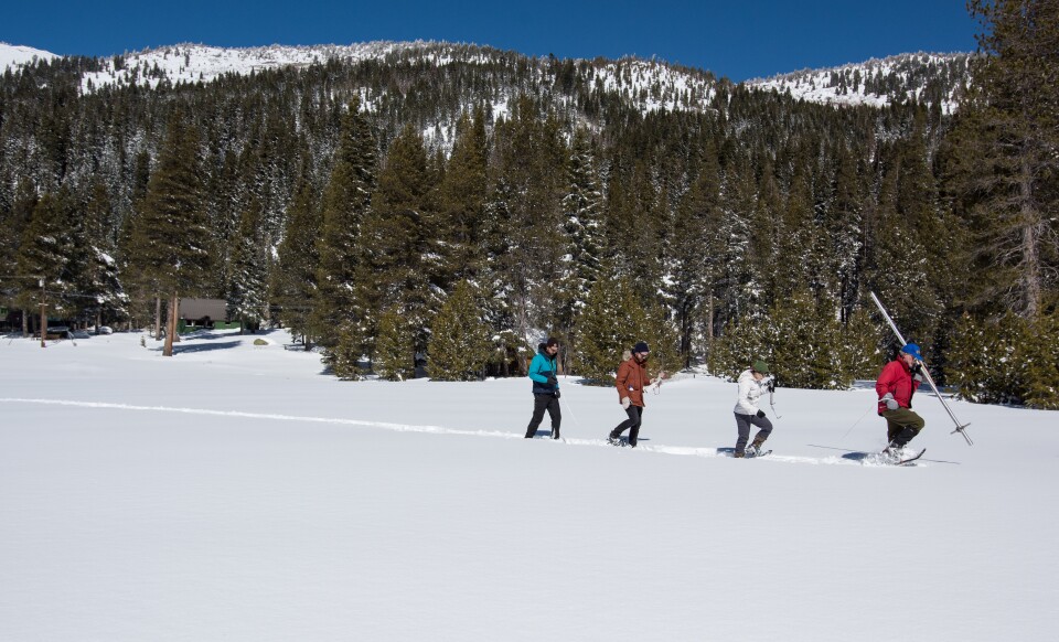 A team of science fellows Dylan Chapple, Ph.D., from the Assembly Natural Resources Committee, left, Keith Cialino, Ph.D., with the Assembly Water, Parks and Wildlife Committee and Amy Gilson, Ph.D., from the Assembly Environmental Safety and Toxic Materials Committee assist Frank Gehrke, Chief of the California Cooperative Snow Surveys Program, with the third snow survey of the 2018 snow season at Phillips Station in El Dorado County. The survey site is in the Sierra Nevada Mountains approximately 90 miles east of Sacramento off Highway 50.  Photo taken March 5, 2018.

Kelly M. Grow/ California Department of Water Resources, FOR EDITORIAL USE ONLY