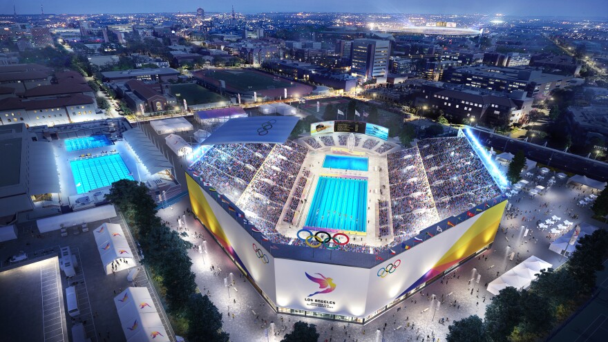 File: Artist rendering of LA 2024's proposed aquatics venue.