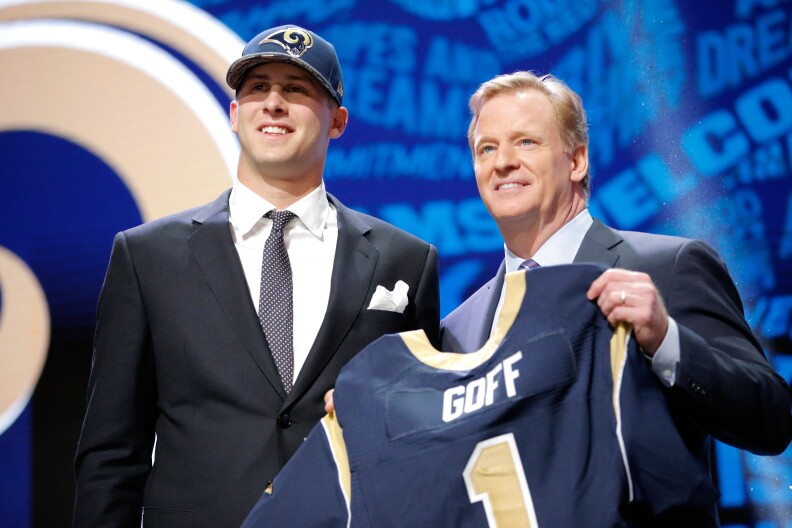 Jared Goff of the California Golden Bears holds up a jersey with NFL Commissioner Roger Goodell after being picked No. 1 overall by the Los Angeles Rams during the first round of the 2016 NFL Draft at the Auditorium Theatre of Roosevelt University on April 28 in Chicago, Illinois.
