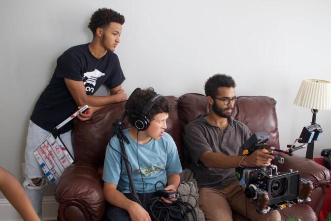 Phillip Youmans, right, on the set of "Burning Cane," which he made when he was still in high school.