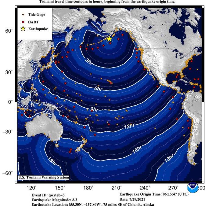 A map shows the location of the 8.2 earthquake off the Alaskan cost with radiating waves indicating the expected arrive time of any significant waves.