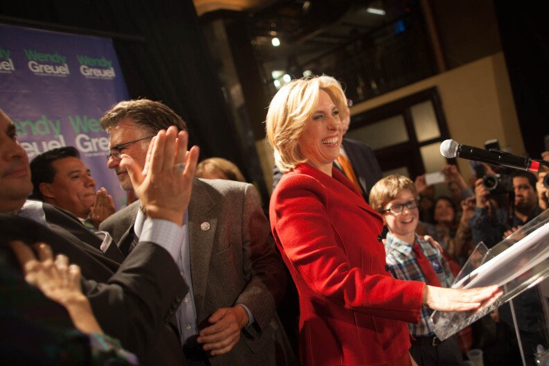 City Controller Wendy Greuel speaks to her supporters after moving forward to a runoff against Councilman Eric Garcetti in the race for Los Angeles mayor.