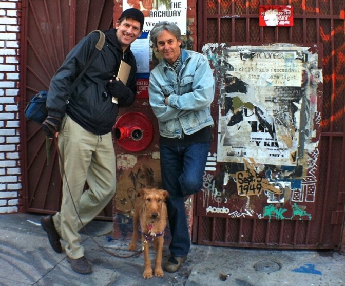 Off-Ramp host John Rabe, filmmaker Stephen Seemeyer, and Connor the dog outside the former Al's Bar in downtown LA.