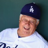 GLENDALE, AZ - MARCH 08:  Former manager Tommy Lasorda of the Los Angeles Dodgers sits in the dugout during the spring training game against the Milwaukee Brewers at Camelback Ranch on March 30, 2012 in Glendale, Arizona.  (Photo by Christian Petersen/Getty Images)