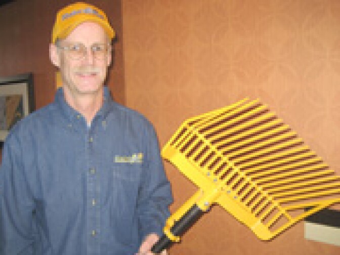 Joseph Berto has been driving around the western United States in a horse trailer to market his "Shake'n Fork"  - a battery-powered pitchfork for cleaning horse stables.  He'd like to downsize it for use in cat litter boxes.