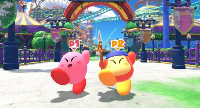 Two animated characters are seen in the video game Forgotten Land. Above each character is words "P1" and "P2," showing the game can be played solo or as a team.