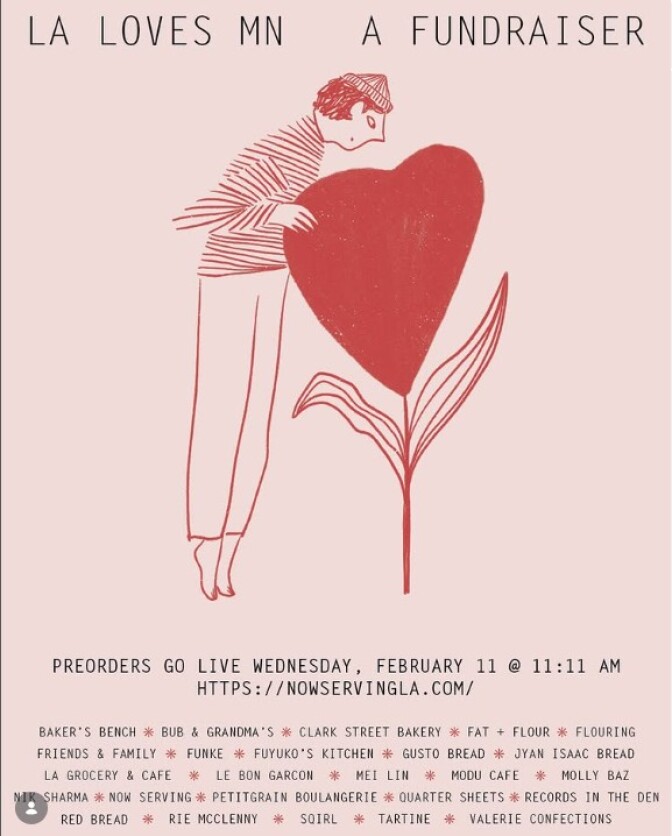 A pink poster with a drawn man looking into a heart-shaped flower. The text reads LA Loves MN A Fundraiser.