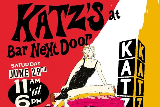 A digital poster for Katz's Deli's pop-up event at Bar Next Door. It features a red, white, and mustard-colored background with a drawing of Marilyn Monroe posing on a sandwich. 